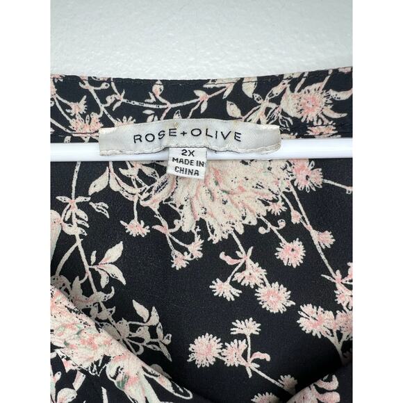 Rose + Olive Size 2X Black Floral 3/4 Sleeve Peasant Top Tunic Lightweight Flowy - Picture 4 of 11
